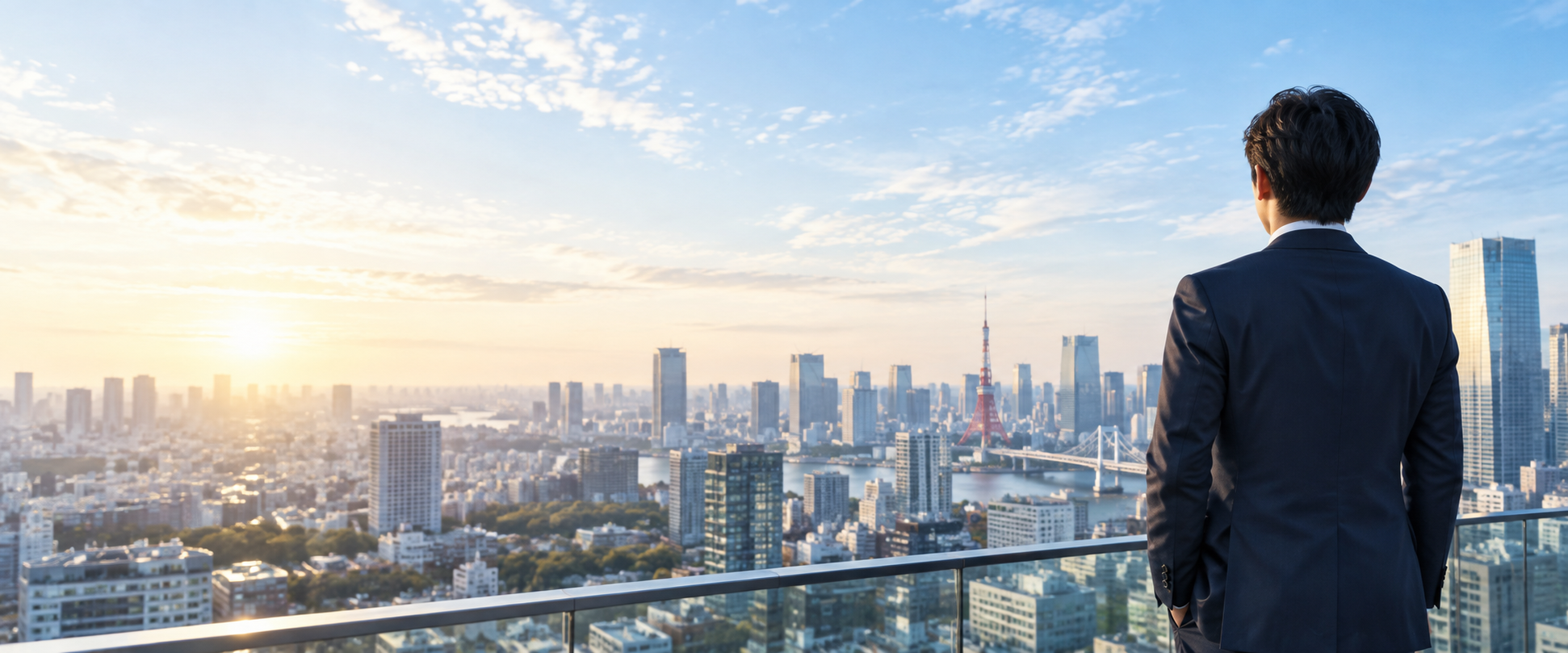 都市を見渡し、これからの働き方を考える人物のイメージ