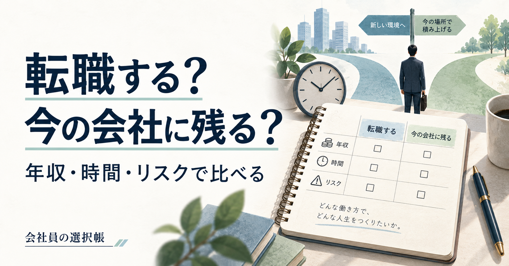 転職する？今の会社に残る？ 年収・時間・リスクで比べる。分かれ道と比較ノートのイラスト。